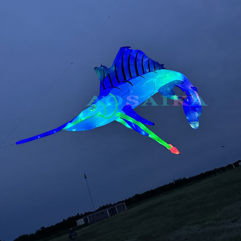 New Arrival Soft Inflatable 10M LED Swordfish Kite Pendant 40d Ripstop Nylon For Adults High Quality Colorful Animal Show Kites 