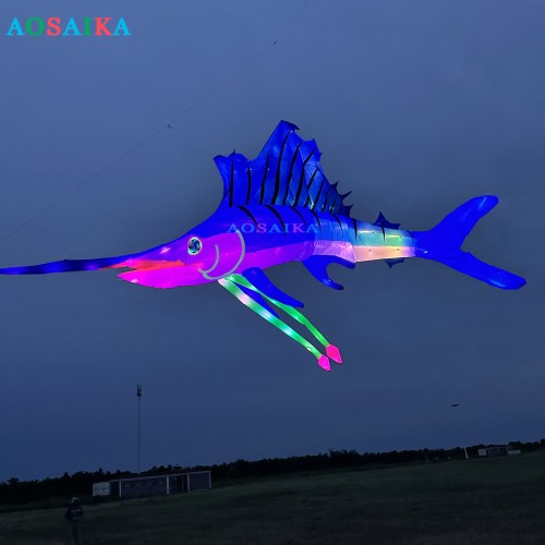 New Arrival Soft Inflatable 10M LED Swordfish Kite Pendant 40d Ripstop Nylon For Adults High Quality Colorful Animal Show Kites