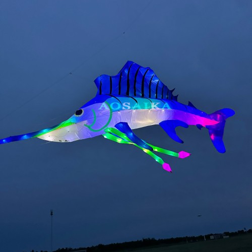New Arrival Soft Inflatable 10M LED Swordfish Kite Pendant 40d Ripstop Nylon For Adults High Quality Colorful Animal Show Kites