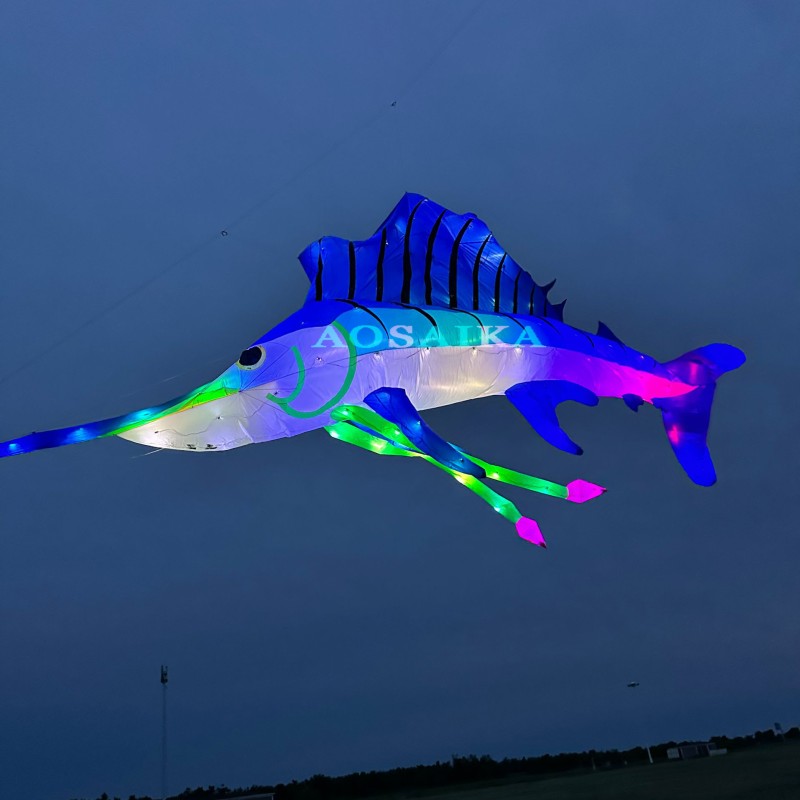 New Arrival Soft Inflatable 10M LED Swordfish Kite Pendant 40d Ripstop Nylon For Adults High Quality Colorful Animal Show Kites 