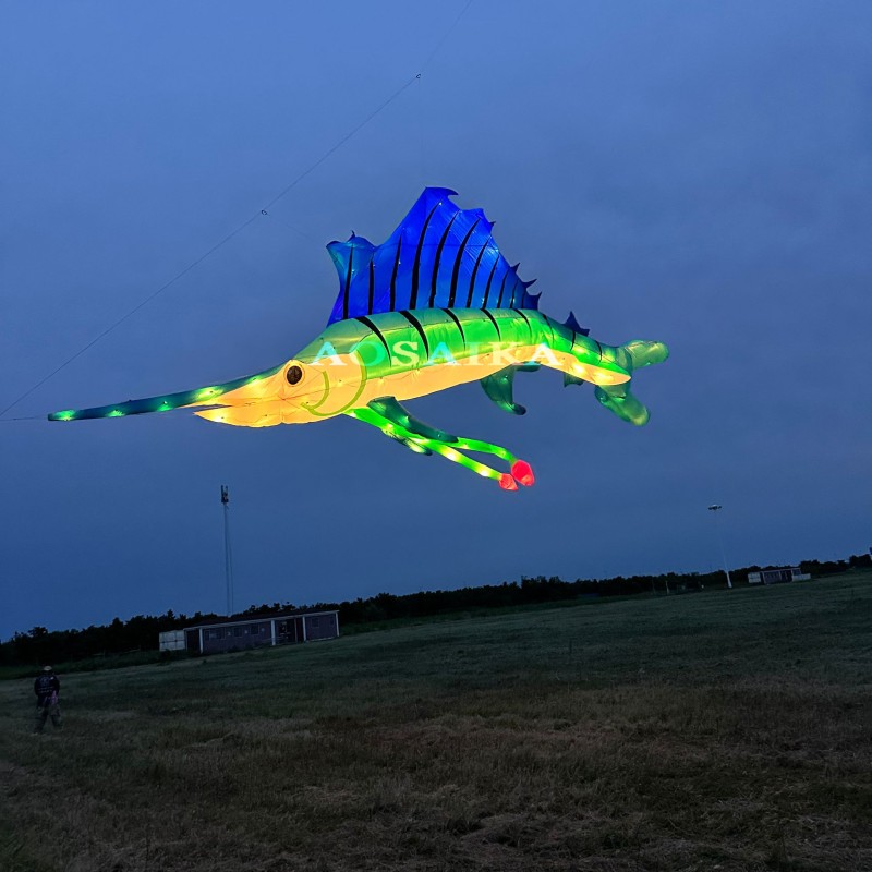 New Arrival Soft Inflatable 10M LED Swordfish Kite Pendant 40d Ripstop Nylon For Adults High Quality Colorful Animal Show Kites 