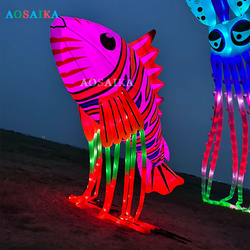 New Arrival Soft Inflatable 8M Luminous Lionfish Kite Pendant 40d Ripstop Nylon Adults High Quality Colorful Animal Show Kites 