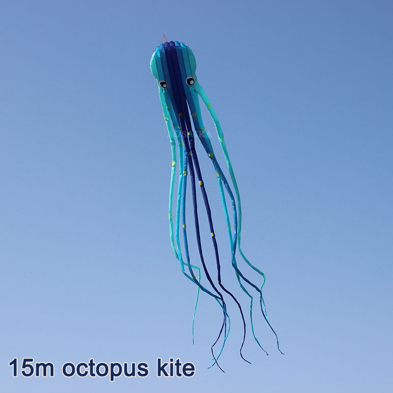 New Arrival Soft Inflatable 15M The Smurfs Octopus Kite Polyester cloth Adults High Quality Colorful Animal Show Kites 