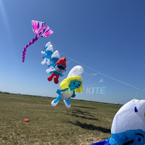 A set of six smurfs kites pendant 40d ripstop nylon