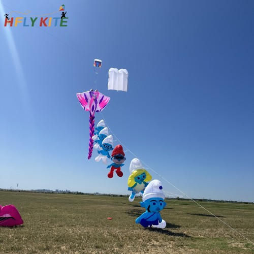 A set of six smurfs kites pendant 40d ripstop nylon
