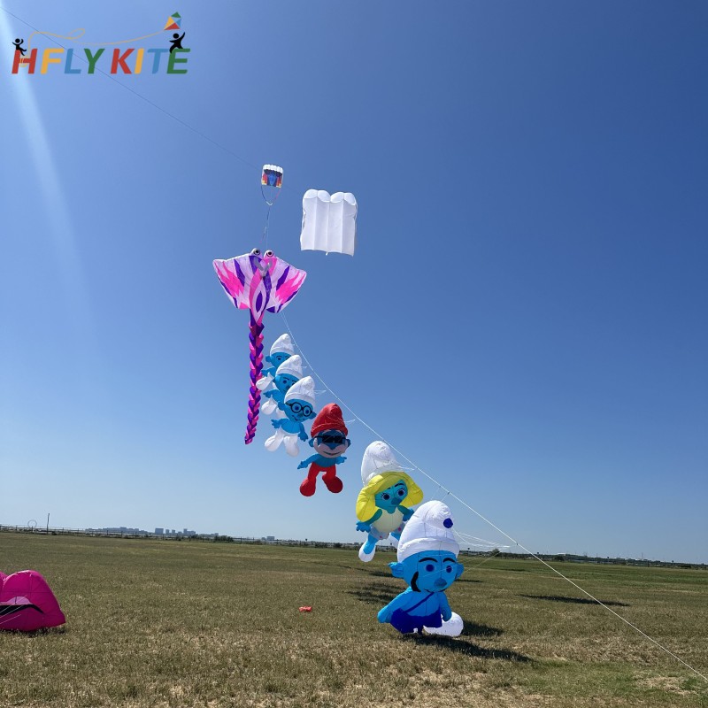 A set of six smurfs kites pendant 40d ripstop nylon
